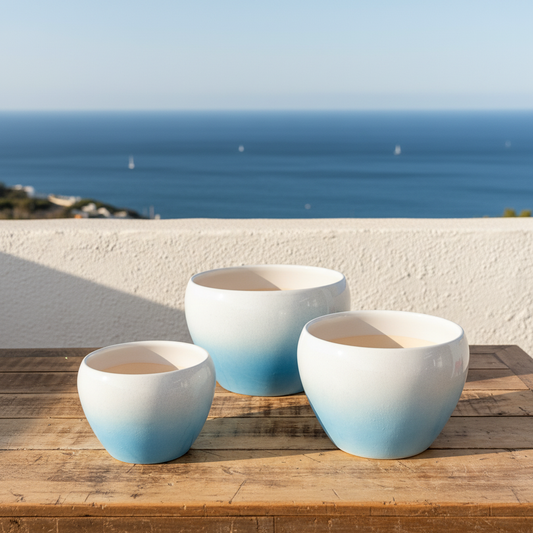 Set 3 Maceteros Cerámica Azul Degradado - Diseño Elegante Macetero Frank Home Chile