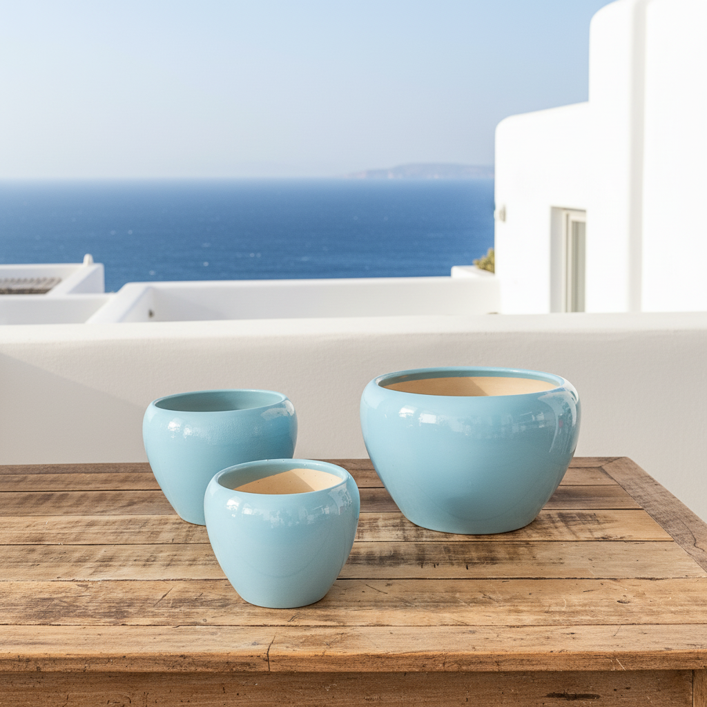 Set 3 Maceteros Cerámica Azul Degradado - Diseño Elegante Macetero Frank Home Chile