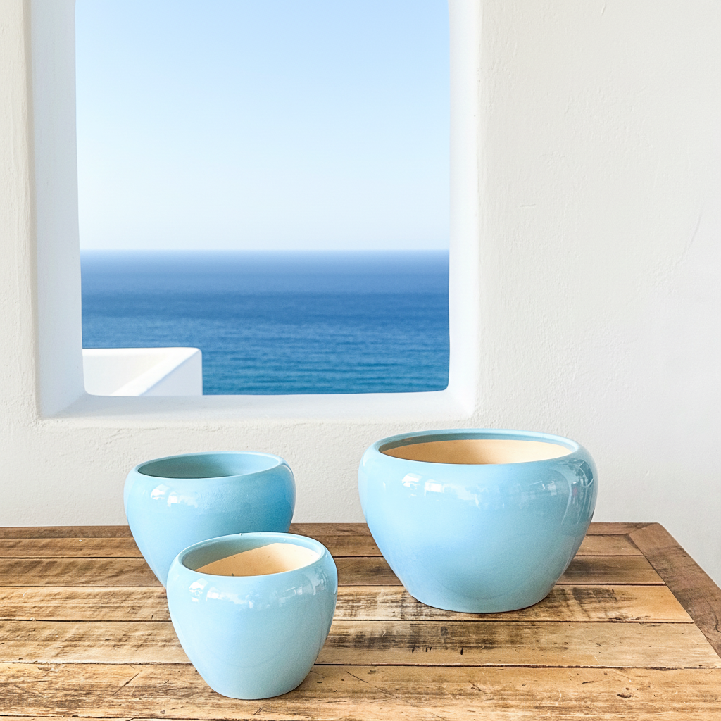 Set 3 Maceteros Cerámica Azul Degradado - Diseño Elegante Macetero Frank Home Chile