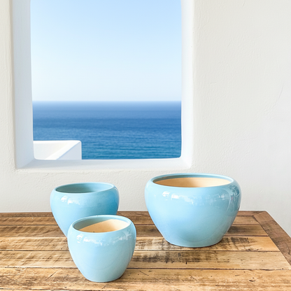 Set 3 Maceteros Cerámica Azul Degradado - Diseño Elegante Macetero Frank Home Chile