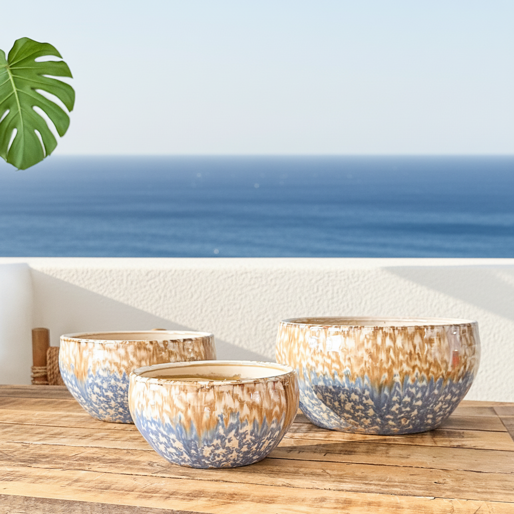 Set 3 Maceteros Cerámica Esmaltada Celeste - Textura Orgánica Macetero Frank Home Chile