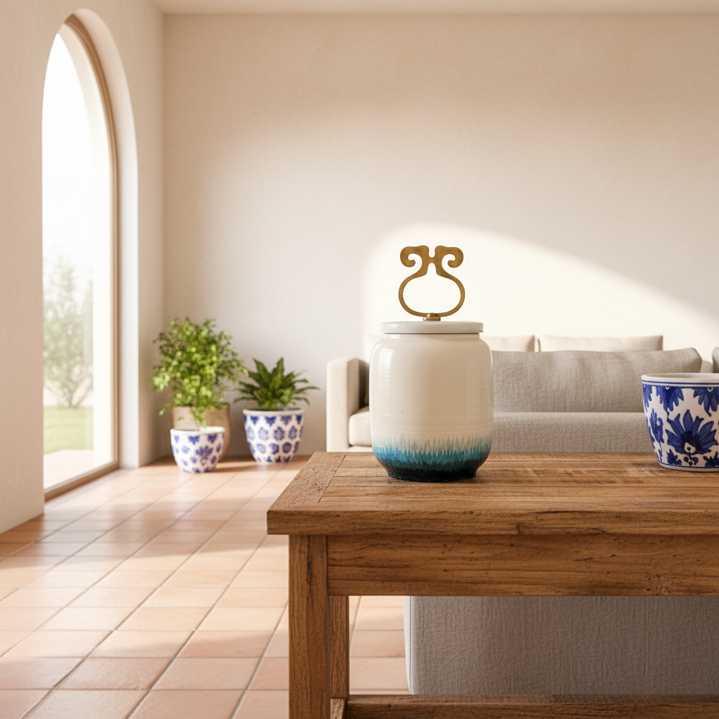Ánfora Cerámica Esmaltada con Asa Bronce Anfora Frank Home Chile