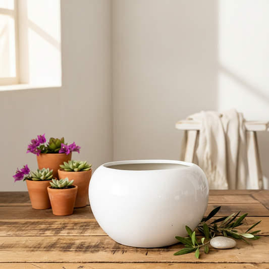 Florero Centro de Mesa Redondo Cerámica Esmaltada Blanco 18cm Florero Frank Home Chile