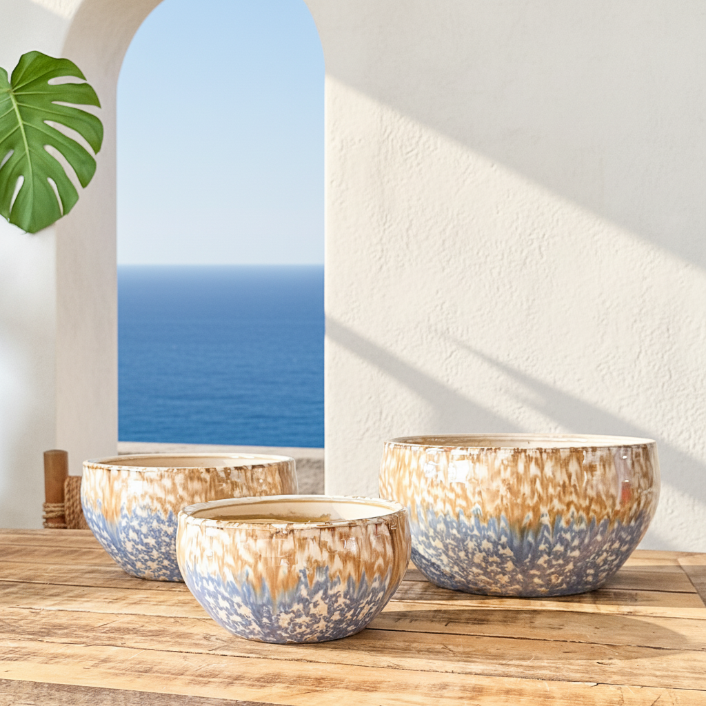 Set 3 Maceteros Cerámica Esmaltada Celeste - Textura Orgánica Macetero Frank Home Chile