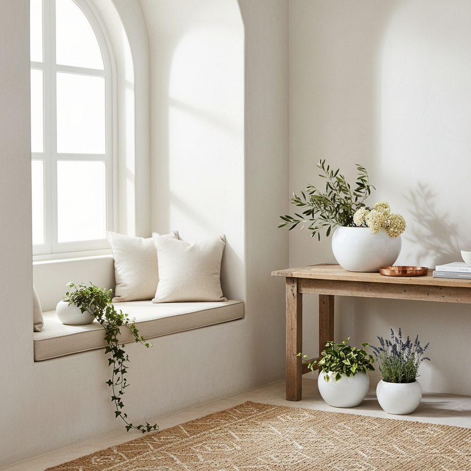 Florero Centro de Mesa Redondo Cerámica Esmaltada Blanco 18cm Florero Frank Home Chile