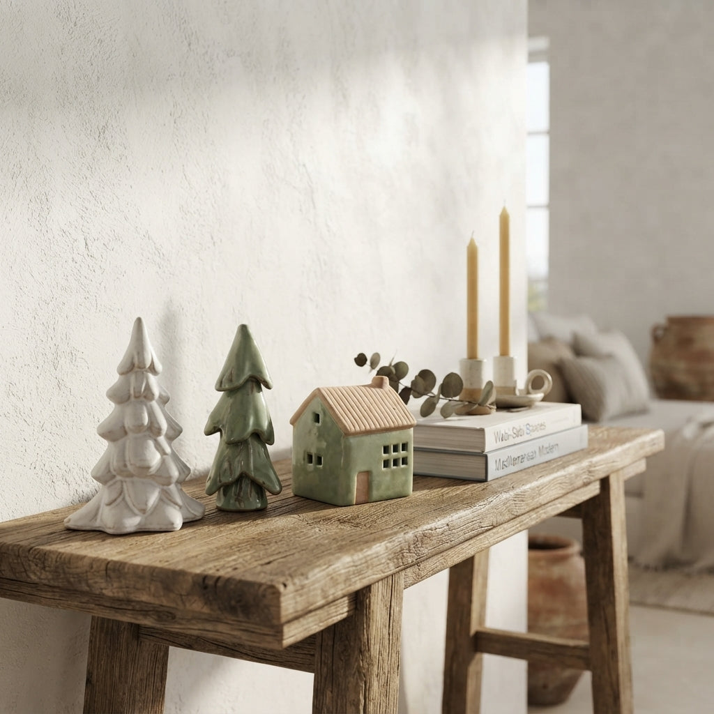 Set Casita + 2 Pinos Cerámica Esmaltada Adorno Frank Home Chile