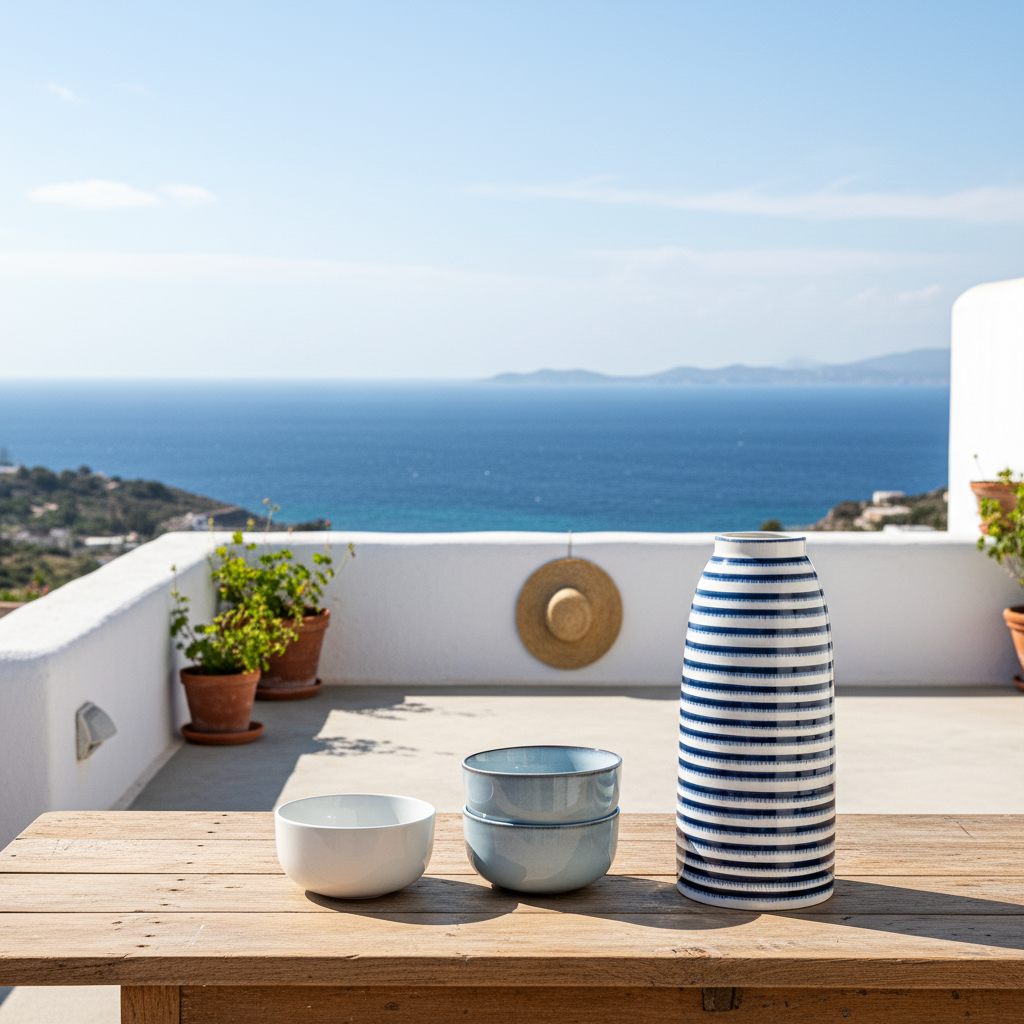 Florero Cerámica Listado Azul Marino 32cm - Acabado Artesanal Florero Frank Home Chile