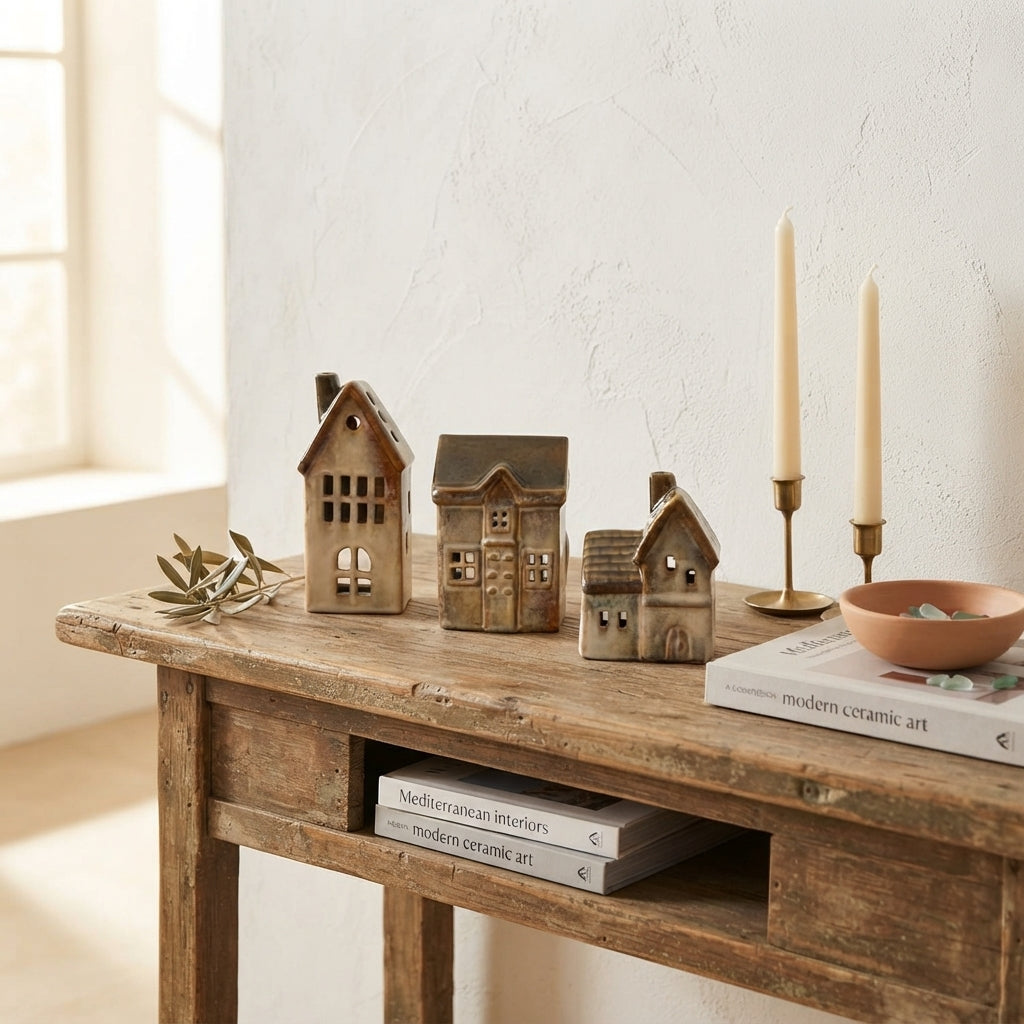 Set 3 Casitas Porta Velas Cerámica Esmaltada Adorno Frank Home Chile