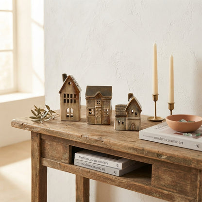 Set 3 Casitas Porta Velas Cerámica Esmaltada Adorno Frank Home Chile