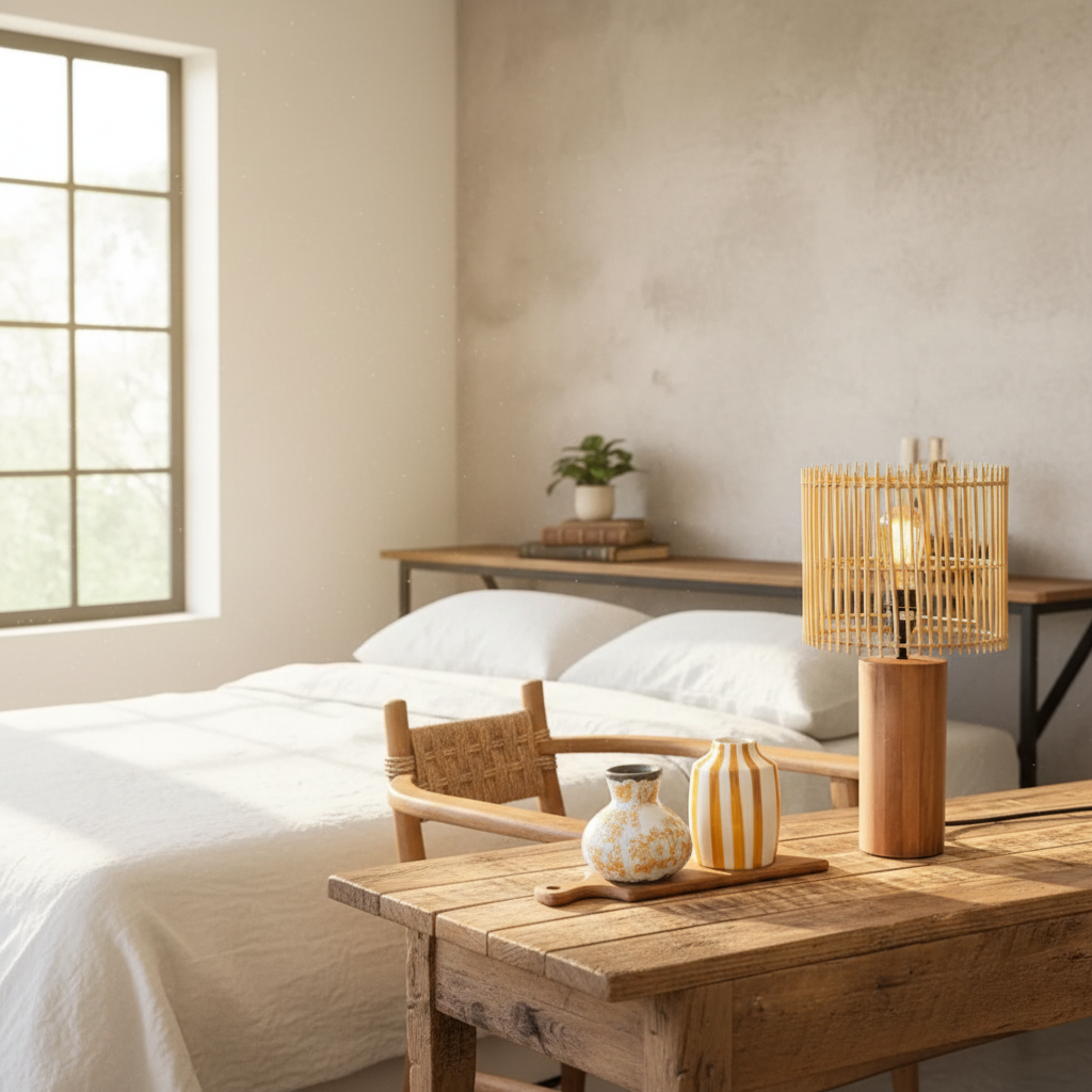 Lámpara Madera Pantalla Listones 48cm Lampara de mesa Frank Home Chile