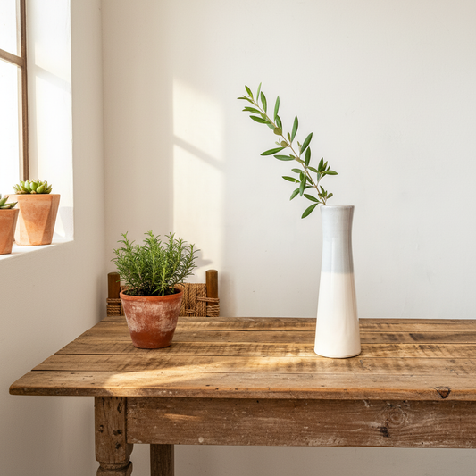 Florero Bicolor Cerámica Esmaltada Celeste y Blanco - Diseño Moderno Florero Frank Home Chile