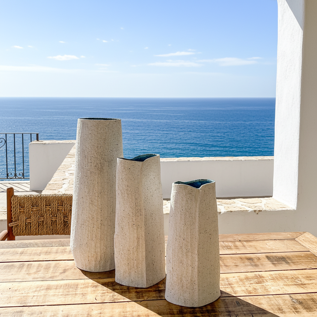 Florero Cerámica Textura Blanca Interior Azul Capas 30cm Florero Frank Home Chile