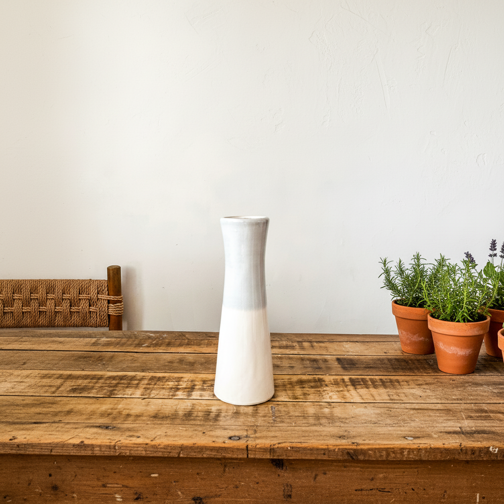 Florero Bicolor Cerámica Esmaltada Celeste y Blanco - Diseño Moderno Florero Frank Home Chile