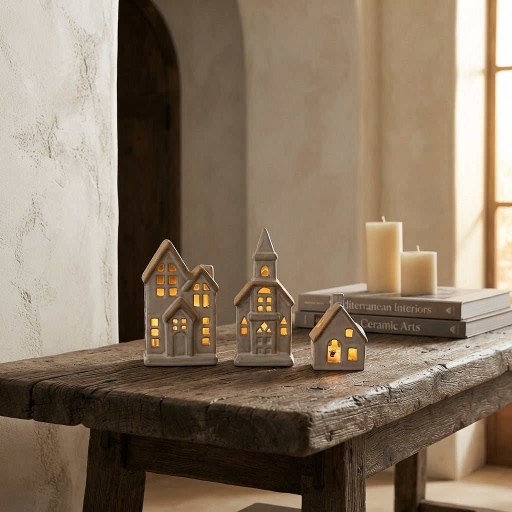 Set 3 Casitas Cerámica Bicolor con Luz Adorno Frank Home Chile