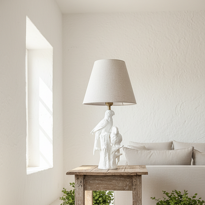 Lámpara Base Cerámica Esmaltada Pájaros Pantalla Beige Lampara de mesa y escritorio Frank Home Chile