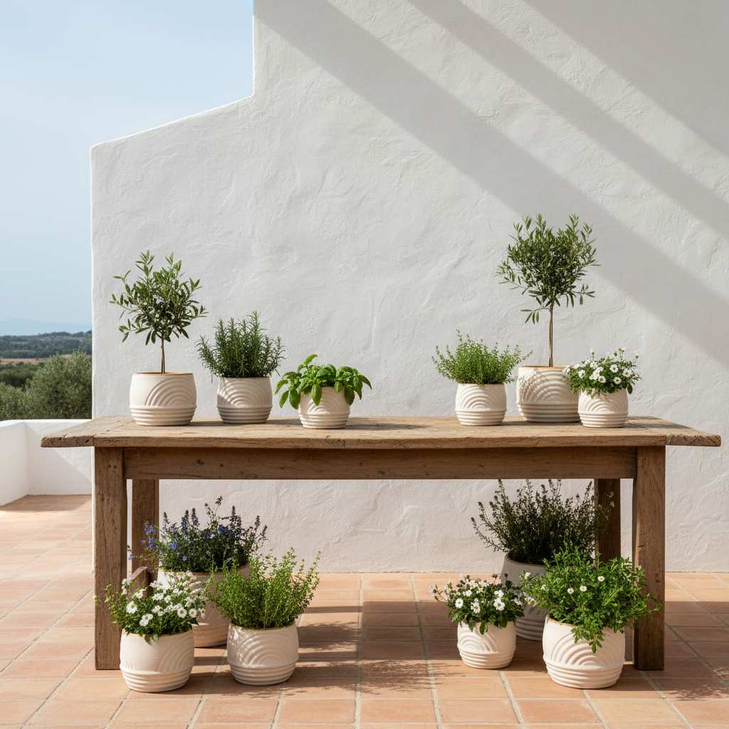 Porta Macetero Beige Relieve Geométrico 10cm - Diseño Artesanal Porta Macetero Frank Home Chile