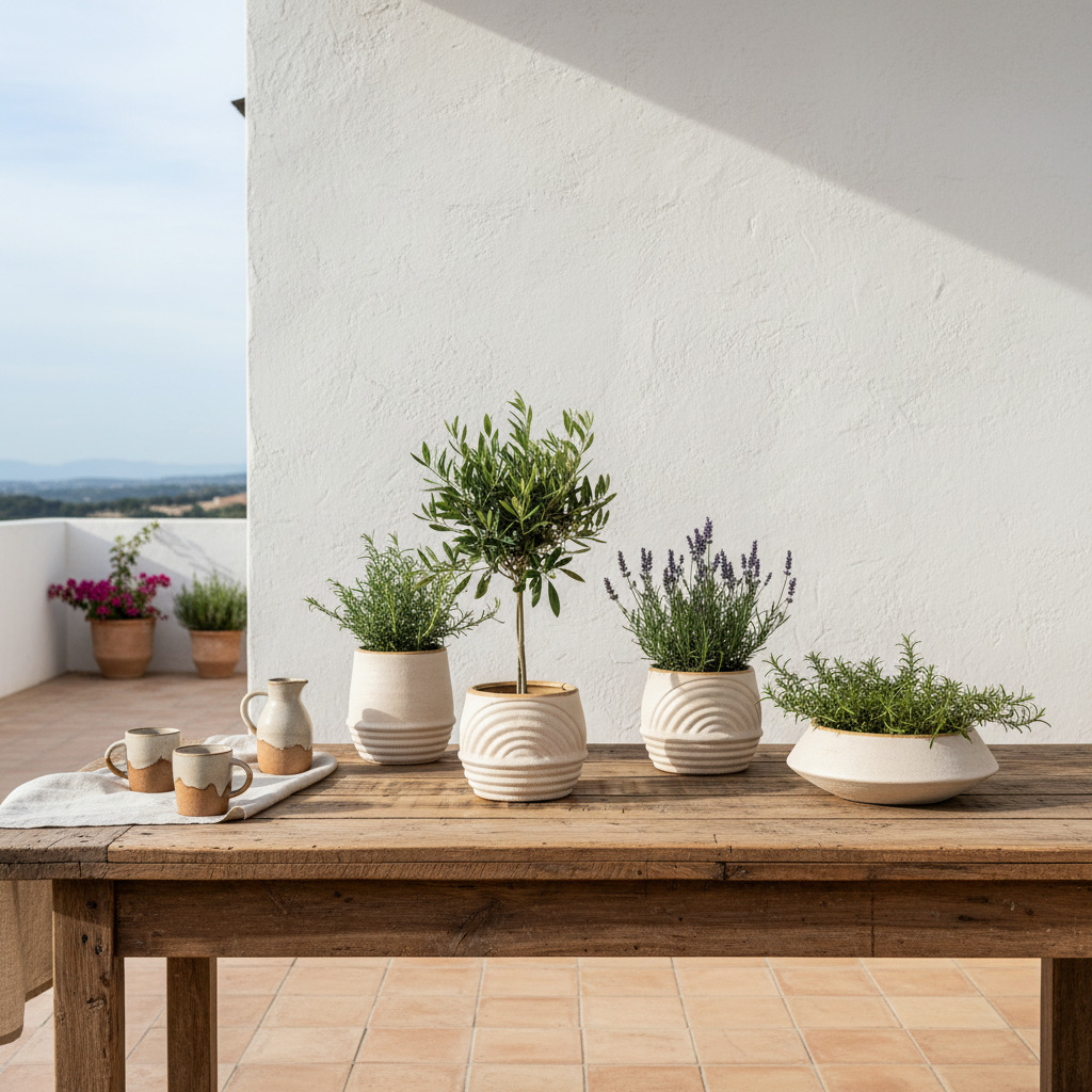 Porta Macetero Beige Relieve Geométrico 10cm - Diseño Artesanal Porta Macetero Frank Home Chile