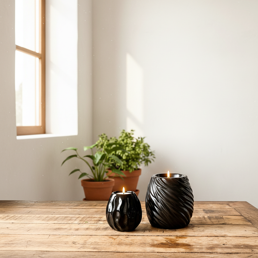 Set 2 Porta Velas Cerámica Esmaltada Negra con Textura 9x9 y 12x12 cm Porta Velas Frank Home Chile