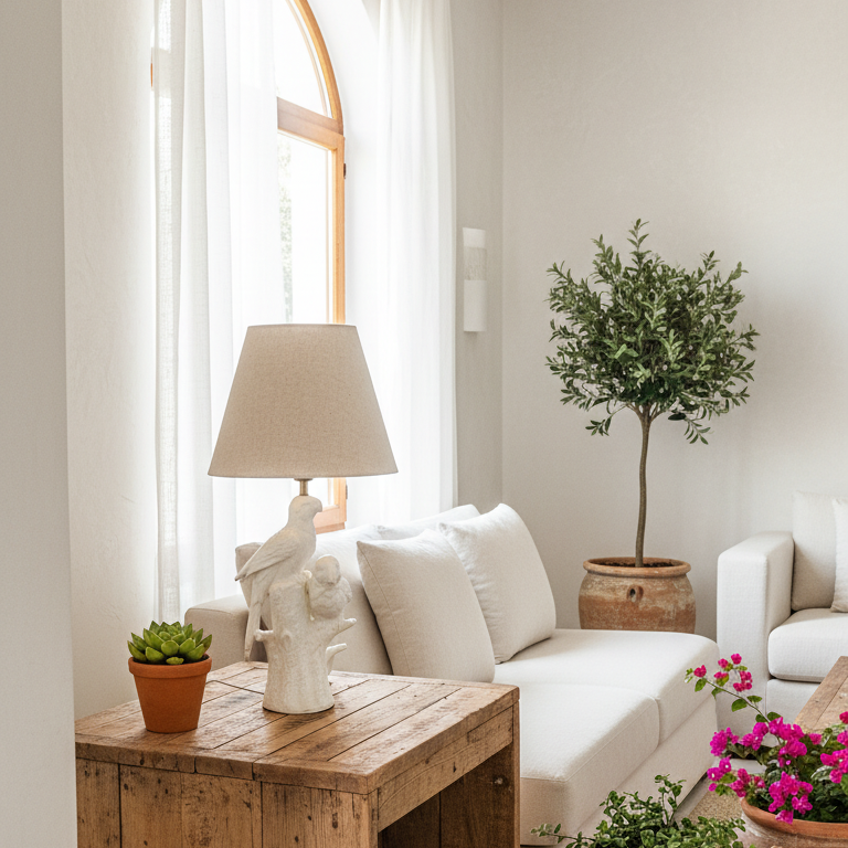 Lámpara Base Cerámica Esmaltada Pájaros Pantalla Beige Lampara de mesa y escritorio Frank Home Chile