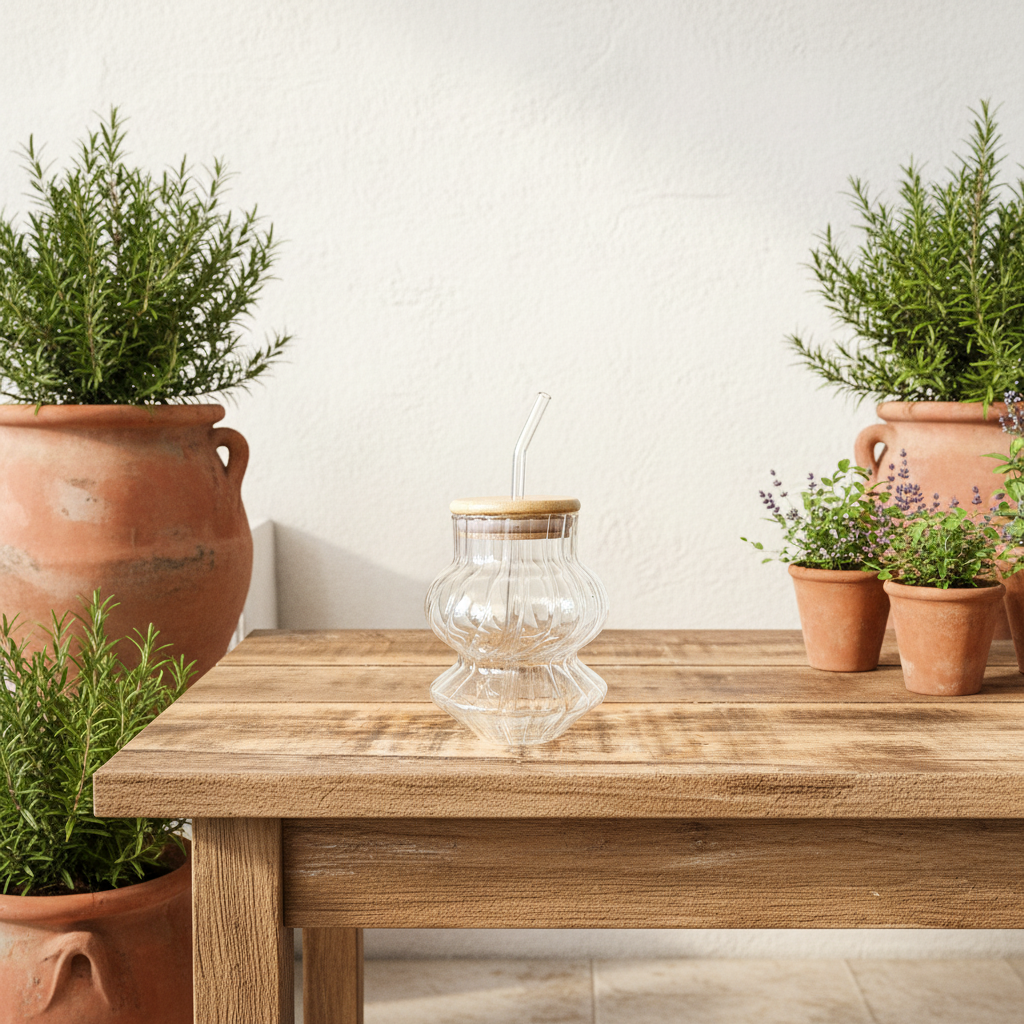 Vaso Vidrio Acanalado con Bombilla - Diseño Orgánico Moderno Vasos Frank Home Chile