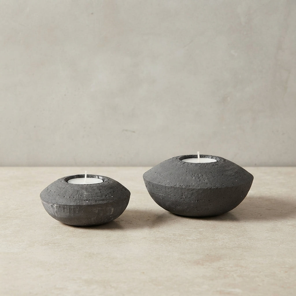 Set 2 Porta Vela Cerámica Rústica Gris Grafito