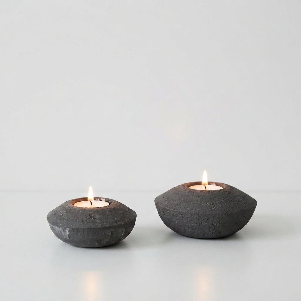 Set 2 Porta Vela Cerámica Rústica Gris Grafito
