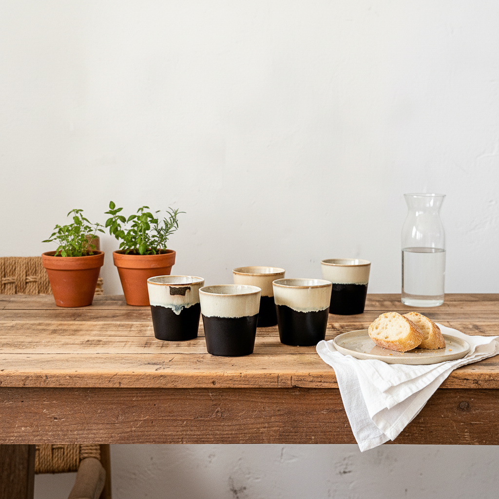 Set 6 Vasos Cerámica Bicolor Beige Negro Mate - Únicos Vasos Frank Home Chile