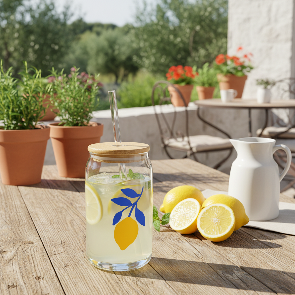 Vaso Vidrio con Bombilla y Tapa Bambú 480ml - Diseño Limón Provenzal Vasos Frank Home Chile