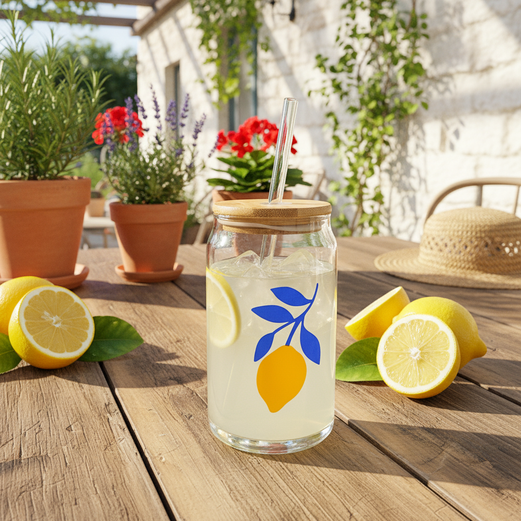 Vaso Vidrio con Bombilla y Tapa Bambú 480ml - Diseño Limón Vasos Frank Home Chile