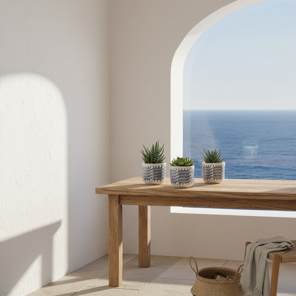 Porta Macetero Cerámica Blanco Grecas Azules 14cm | Frank Home Porta Macetero Frank Home Chile