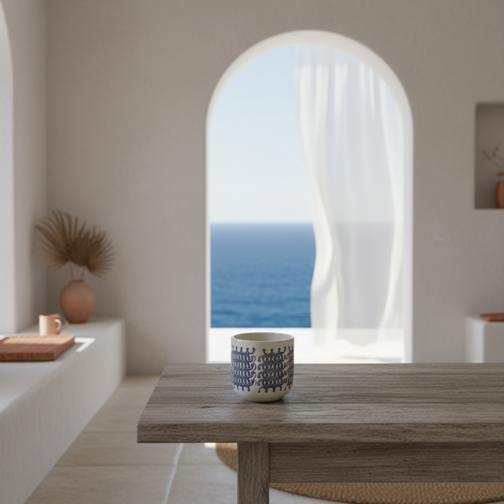 Porta Macetero Cerámica Blanco Grecas Azules 14cm | Frank Home Porta Macetero Frank Home Chile