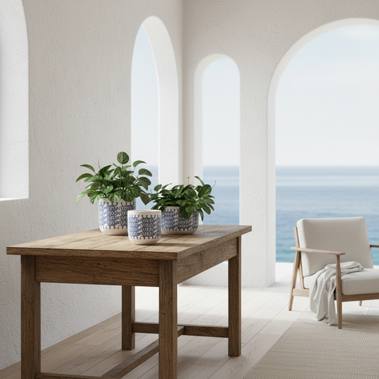 Porta Macetero Cerámica Blanco Grecas Azules Dos Tamaños | Frank Home Porta Macetero Frank Home Chile