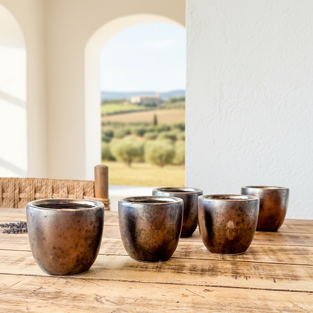 Set 5 Porta Maceteros Cerámica Bronce Envejecido 8cm Porta Macetero Frank Home Chile