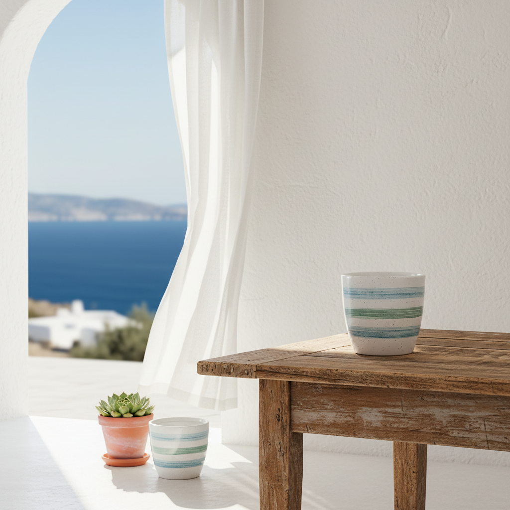 Porta Macetero Cerámica Blanca Listado 12cm Artesanal | Frank Home Porta Macetero Frank Home Chile