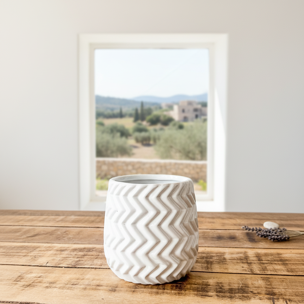 Porta Macetero Cerámica Blanca Textura Geométrica 11cm Porta Macetero Frank Home Chile