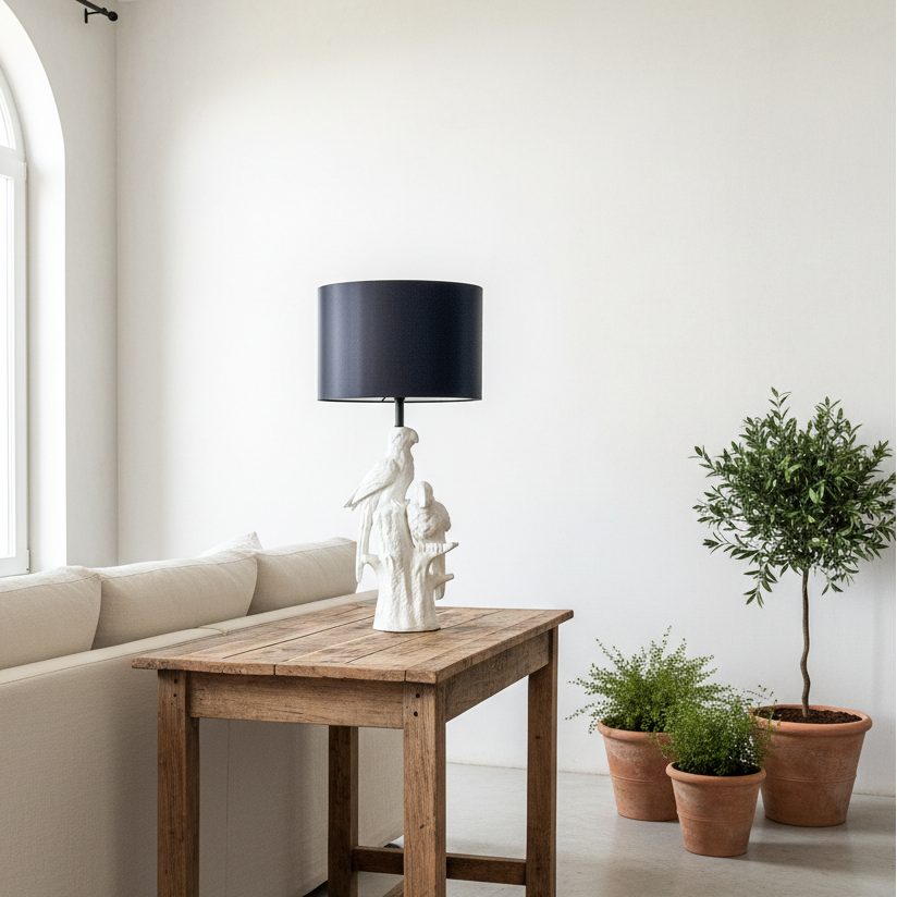 Lámpara Base Cerámica Esmaltada Pájaros Pantalla Negra Interior Dorado Lampara de mesa y escritorio Frank Home Chile