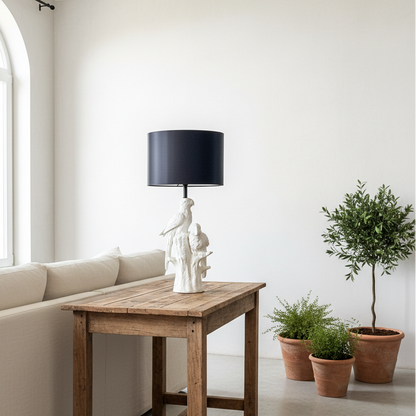 Lámpara Base Cerámica Esmaltada Pájaros Pantalla Negra Interior Dorado Lampara de mesa y escritorio Frank Home Chile