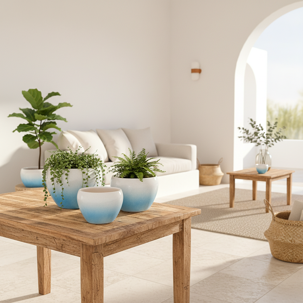 Set 3 Maceteros Cerámica Azul Degradado - Diseño Elegante Macetero Frank Home Chile