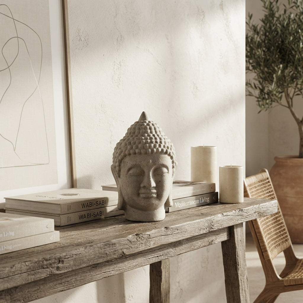 Adorno Cabeza de Buda Cerámica Textura Piedra 23cm - Decoración Zen Adorno Frank Home Chile