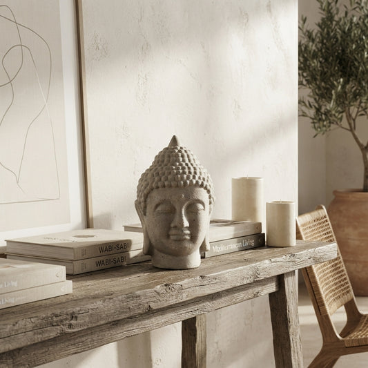 Adorno Cabeza de Buda Cerámica Textura Piedra 23cm - Decoración Zen Adorno Frank Home Chile