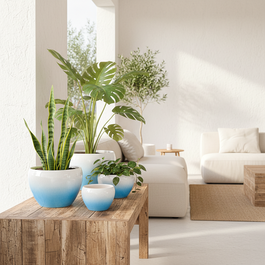 Set 3 Maceteros Cerámica Azul Degradado - Diseño Elegante Macetero Frank Home Chile