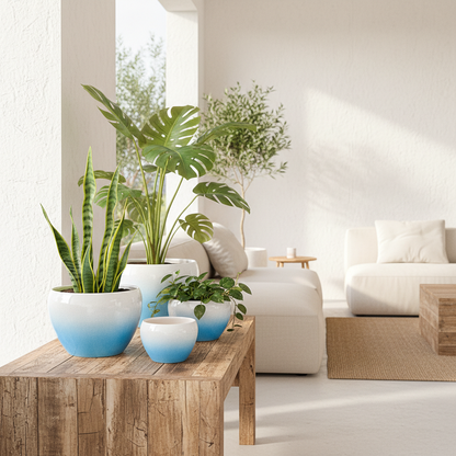 Set 3 Maceteros Cerámica Azul Degradado - Diseño Elegante Macetero Frank Home Chile