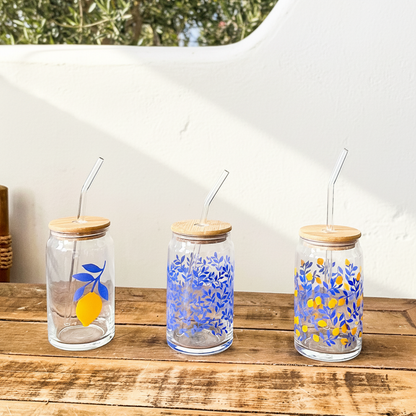 Vaso Vidrio con Bombilla y Tapa Bambú 480ml - Diseño Limón Vasos Frank Home Chile