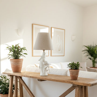 Lámpara Base Cerámica Esmaltada Pájaros Pantalla Beige Lampara de mesa y escritorio Frank Home Chile