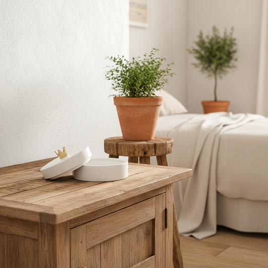 Joyero Cerámica Esmaltada Blanca Tapa Corona Anfora Frank Home Chile