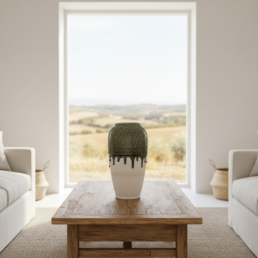 Jarrón Cerámica Rústica Bicolor Verde Esmaltado y Blanco 33cm Floreo Frank Home Chile