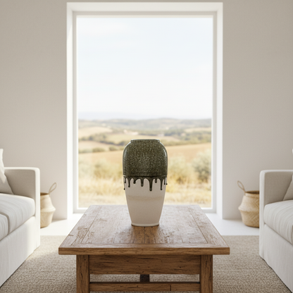 Jarrón Cerámica Rústica Bicolor Verde Esmaltado y Blanco 33cm Floreo Frank Home Chile