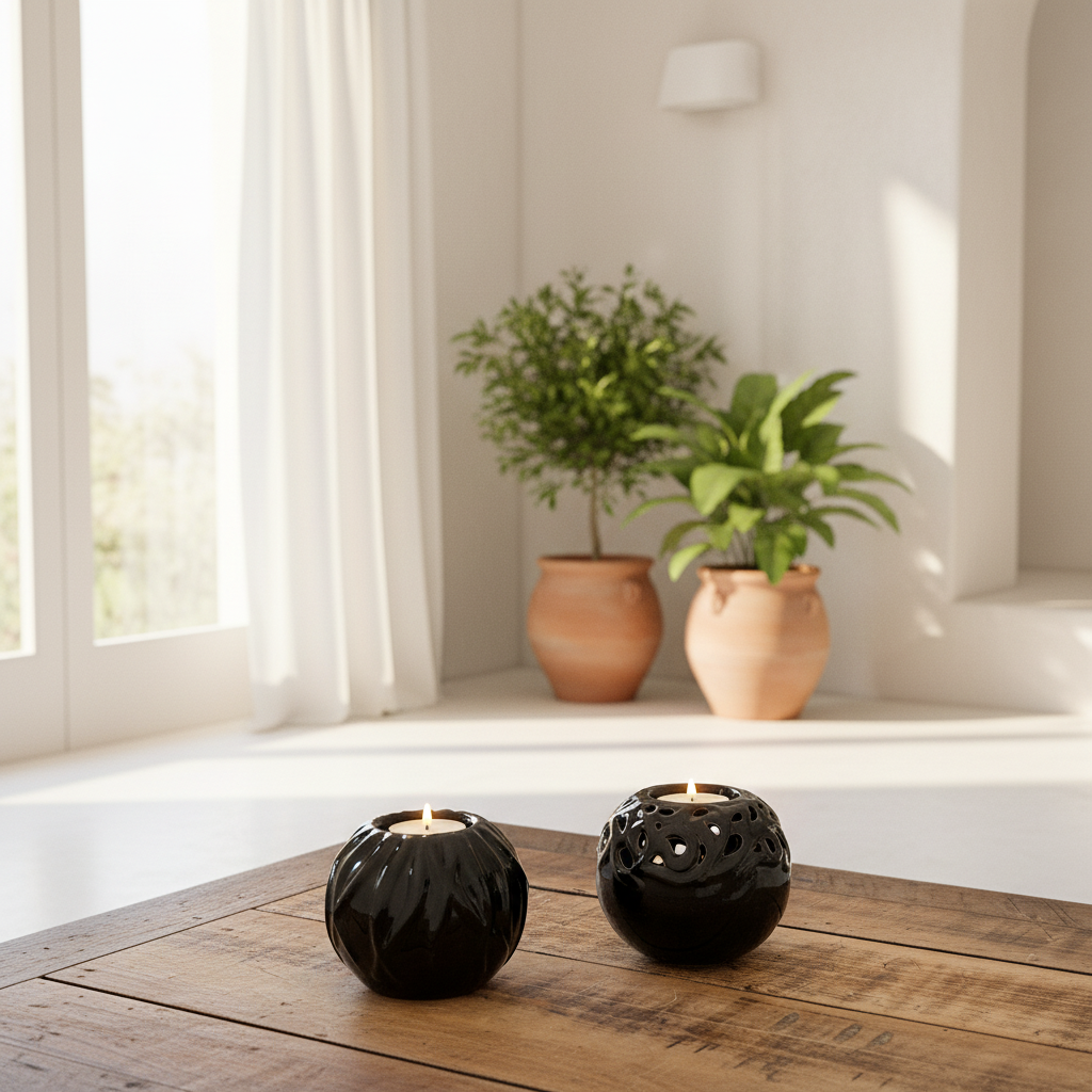 Set 2 Porta Velas Cerámica Esmaltada Negra con Textura 9x9 cm Porta Velas Frank Home Chile