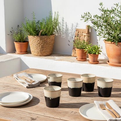 Set 6 Vasos Cerámica Bicolor Beige Negro Mate - Únicos Vasos Frank Home Chile