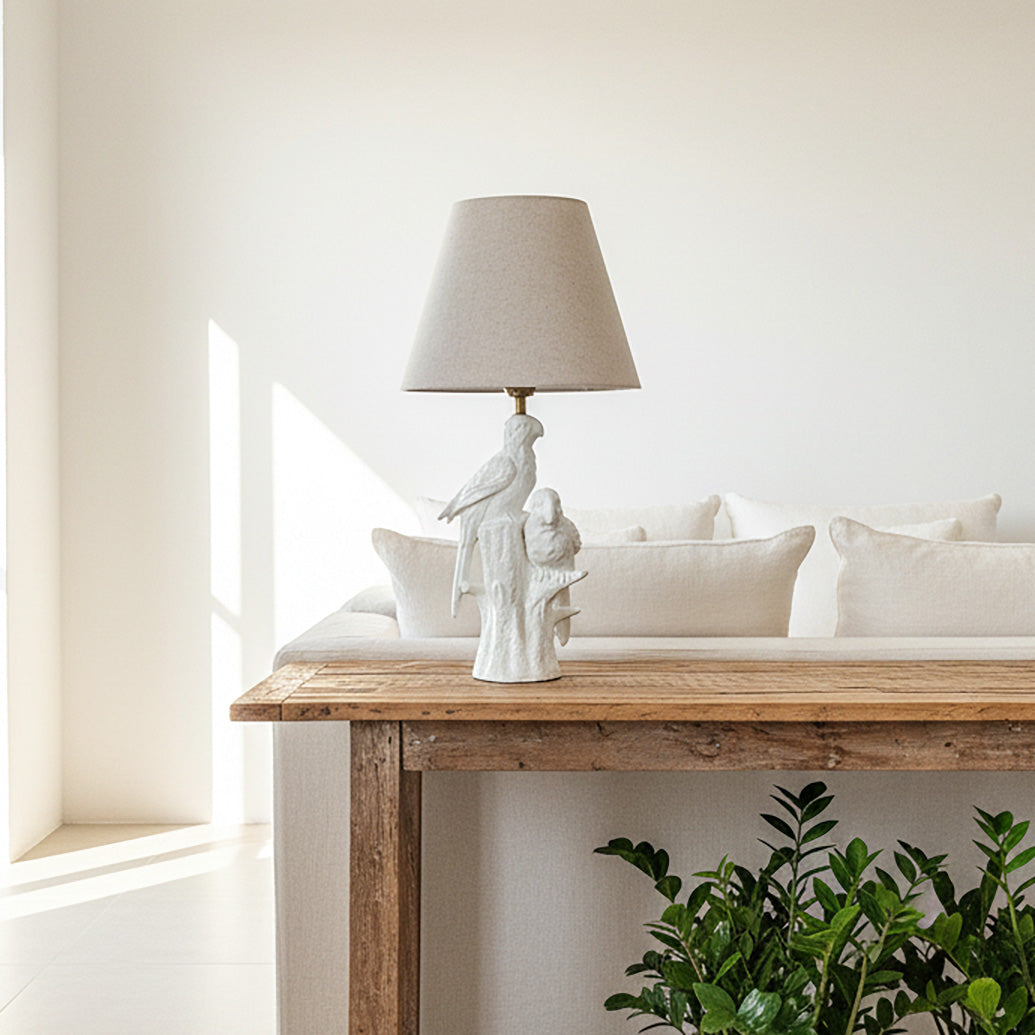 Lámpara Base Cerámica Esmaltada Pájaros Pantalla Beige Lampara de mesa y escritorio Frank Home Chile